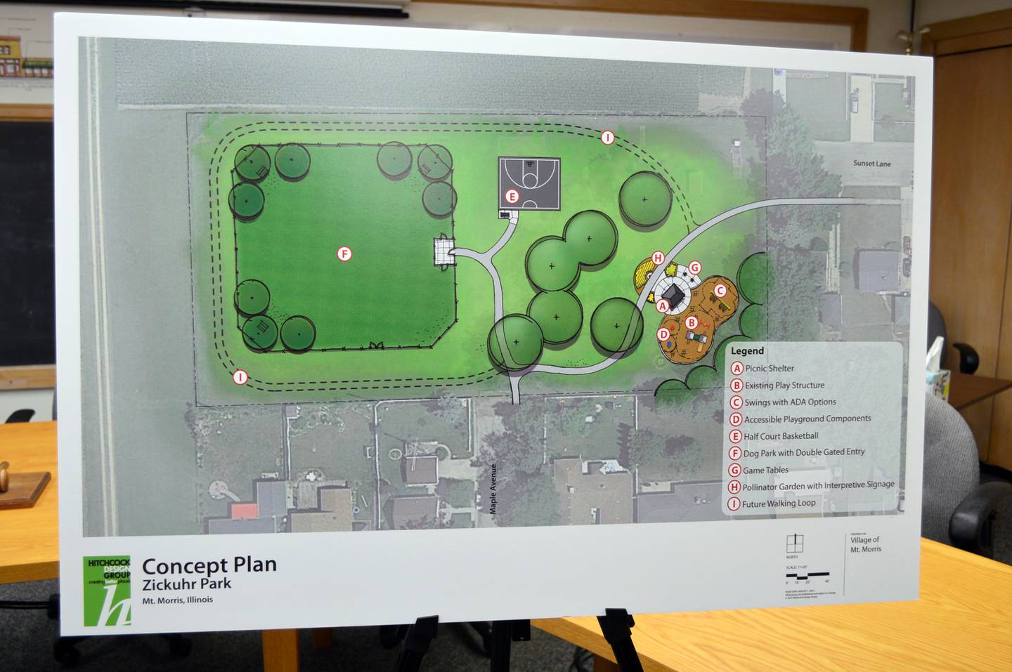 A concept plan of the redevelopment of Zichuhr Park in Mt. Morris that was presented to around 40 members of the public during an Aug. 1, 2023, community meeting meant to gather feedback on the project.  The village plans to apply for an Illinois Department of Natural Resources OSLAD grant to help cover half the cost of the project.