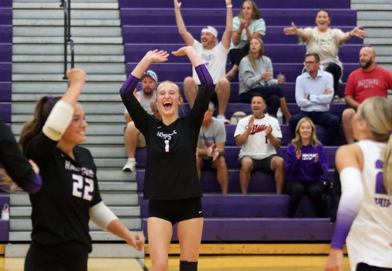 Hampshire’s Elizabeth King and the Whip-Purs celebrate a win over Prairie Ridge in varsity girls volleyball at Hampshire High School in Hampshire on Tuesday, Sept. 2, 2025.