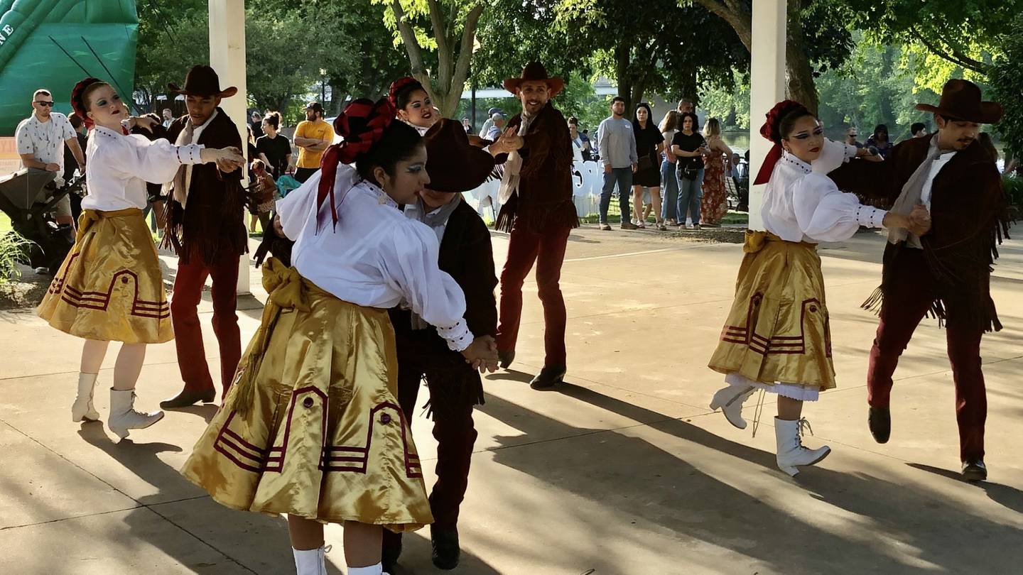 Chicago-based troupe Ballet Folklorico perform on the Riverfront Park Pavilion in downtown Yorkville at the Margaritas en Mayo event on May 23, 2024.