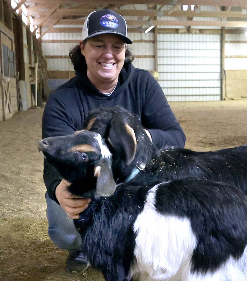 Didi Dowling, owner and executive director of Live, Learn and Lead, lets some of the baby goats out to stretch their legs Friday, March 31, 2023, at their barn in Hampshire.