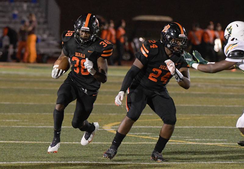 DeKalb's Jamari Brown (38) runs the ball against Waubonsie during the second quarter of play in DeKalb on Friday, Oct. 1, 2021.
