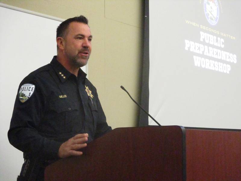Plainfield Police Chief Robert Miller speaks at a "When Seconds Matter" workshop about severe weather preparedness. March 22, 2025