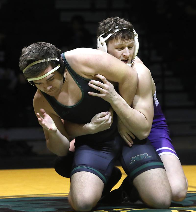 Hampshire’s Gio Marino controls Crystal Lake South’s Gabe Randle during the 190-pound match of a Fox Valley Conference wrestling meet on Thursday, Jan. 15, 2026, at Crystal Lake South High School.