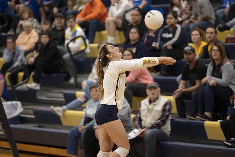 Polo’s Teah Almasy saves a ball from out of bounds in game one of their semifinal regional match Wednesday, Oct. 26, 2022 against Fulton.