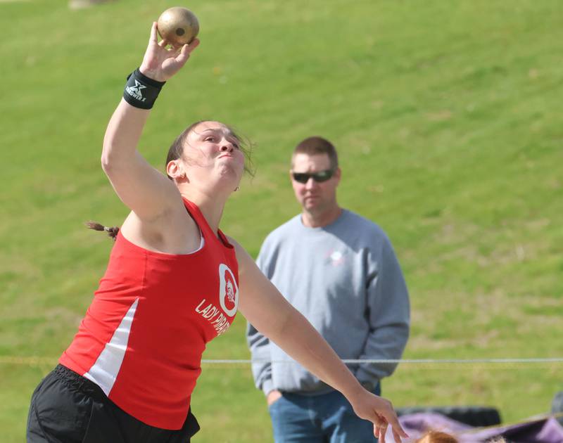 Ottawa's Keelin Gross throws shot put during the Class 2A Sectional track meet on Wednesday, May 13, 2026 in the Jeff Prusator Athletic Complex at Mendota High School.
