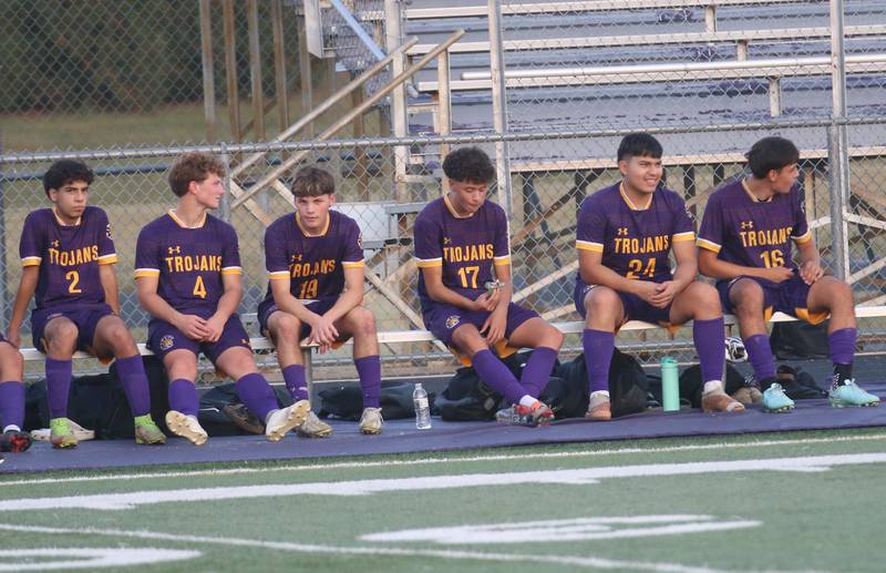 Members of the Mendota boys soccer team watch from the bench before the game against Kewannee during the Three Rivers Tournament on Thursday, Oct. 2, 2025 at Mendota High School.