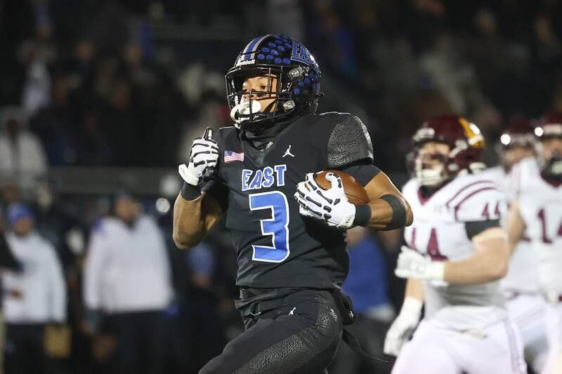 Lincoln-Way East’s Talan White-Hatch breaks away for a touchdown against Loyola in the Class 8A semifinal on Saturday, Nov. 23, 2024 in Frankfort.
