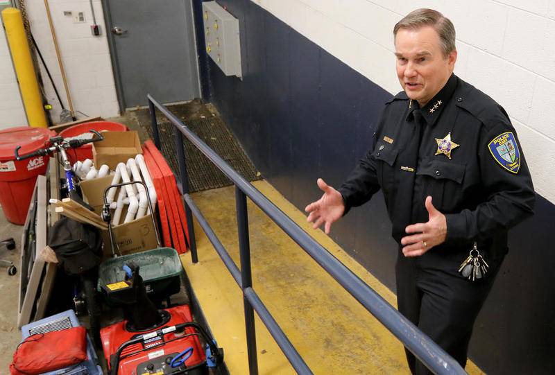 Cary Police Chief Patrick Finlon talks about the insufficiencies of the current building at the Cary Village Hall and Cary Police Department, including the cramped sallyport space, on Wednesday, Nov. 27, 2019 in Cary.  The police department and village administration will relocate to a vacant retention pond near the intersection of Industrial and Georgetown Drives.