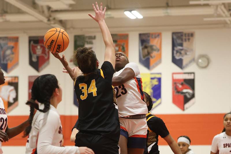Romeoville’s Jamiah Player draws the shooting foul against Joliet West on Thursday, Jan. 29, 2026 in Romeoville.