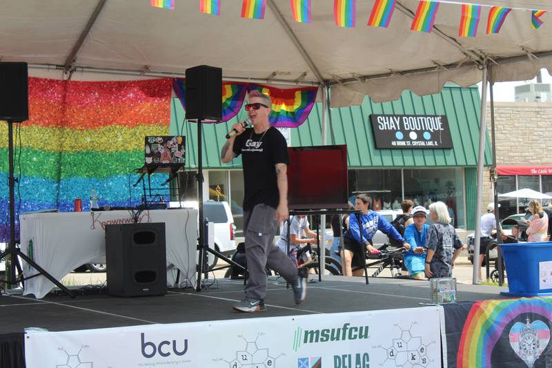 Emcee and musical artist Jayleigh performs on the stage during the Downtown Crystal Lake Pride Walk & Social June 1, 2025.