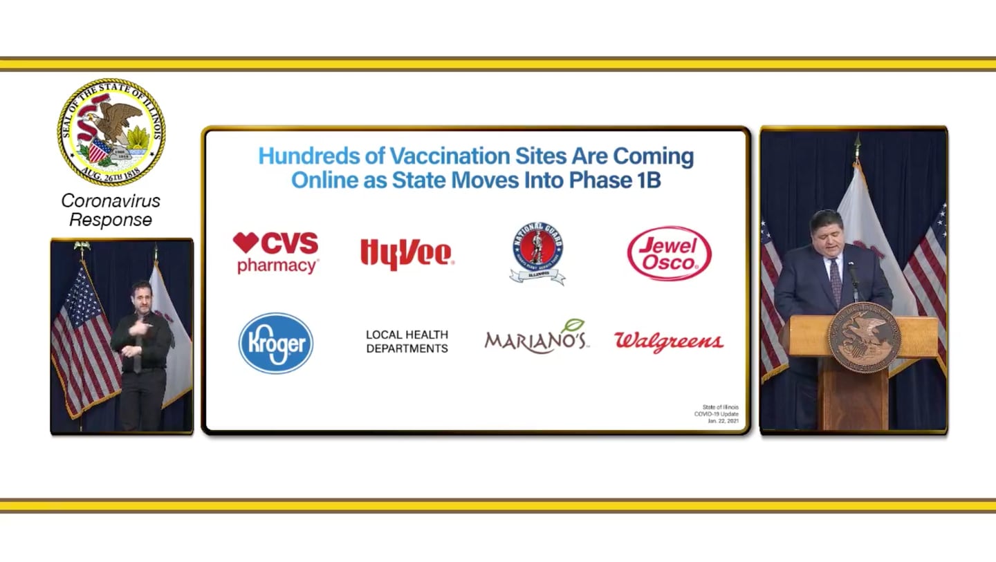 Gov. JB Pritzker announced Friday, Jan. 22, 2021, that some pharmacies will begin taking vaccination appointments Monday and others will follow in February.