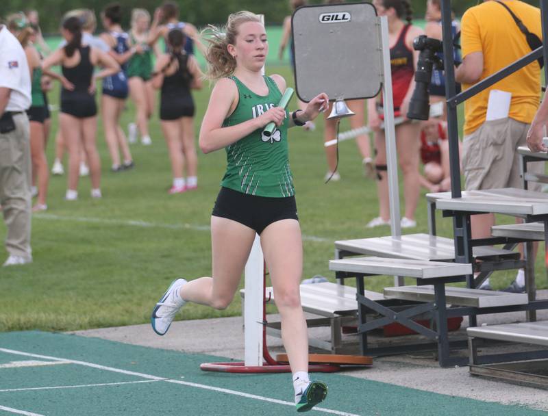 Seneca's Lylah Hebel finishes first in the 4x800 meter relay during the Class 1A Sectional track meet on Thursday, May 15, 2025 at Seneca High School.