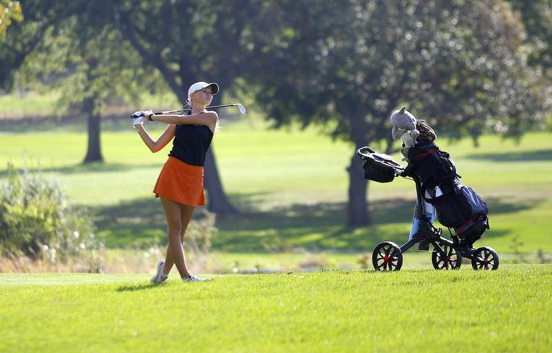 Crystal Lake Central’s Rylee Rud hits from the fairway during the Class 2A Waubonsie Valley Girls Golf Sectional on Monday, Oct. 6, 2025 at Springbrook Golf Course in Naperville.
