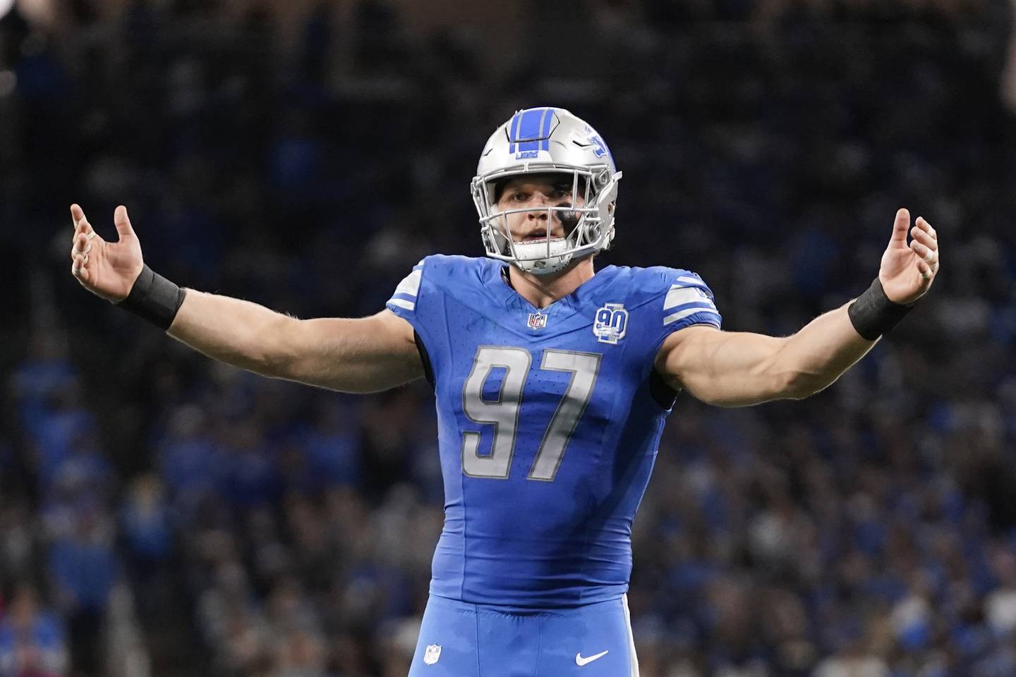 Detroit Lions defensive end Aidan Hutchinson (97) reacts during a game against the Carolina Panthers in Detroit, Sunday, Oct. 8, 2023. (AP Photo/Paul Sancya)