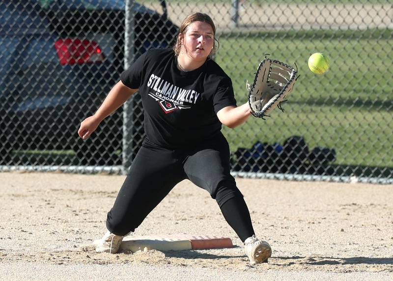 Kaelyn Williams, a Kishwaukee Valley Storm 18u and Stillman Valley High School softball player, receives a throw at first base Wednesday, June 26, 2024, during 18u practice at the Sycamore Community Sports Complex. The team is preparing for this weekend’s Storm Dayz softball tournament at the complex which draws dozens of teams from throughout the area.