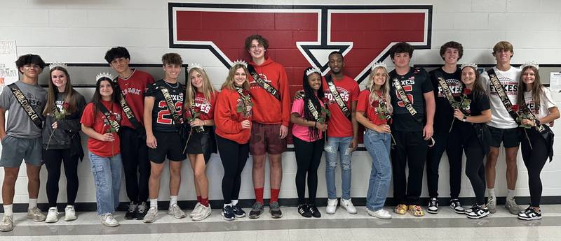 Members of the 2023 Yorkville High School homecoming court include, from left, Donncha Souza, Lily Scott, Ava Partida, Carson Wrecenyar, Gage Range,  Emily Rench, Delaney Phillips, Ryan Evans, Micah Parchman, Dayvion Johnson, Emmy Judd, Ben Alvarez, Jackson Hawkinson, Rilee Petrusa, Owen Horeni and Ashley Schraeder.