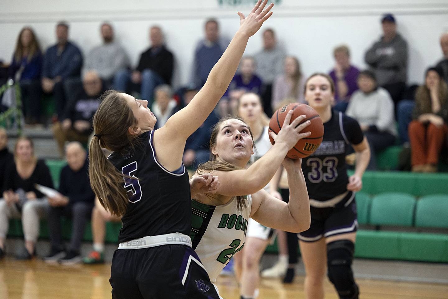 Rock Falls’ Katie Thatcher works below the basket Friday, Jan. 27, 2023 against Rockford Lutheran.