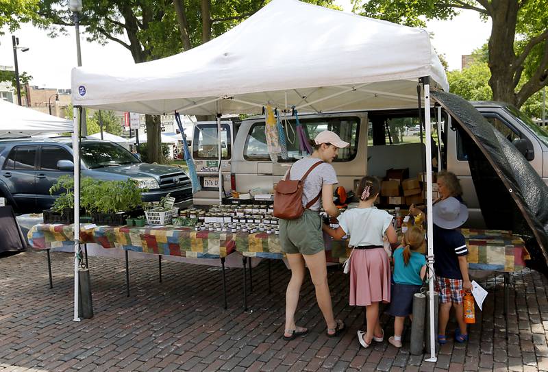 People shop at the Tuesday Woodstock Farmer's Market on June 24, 2025, around the Historic Woodstock Square.
