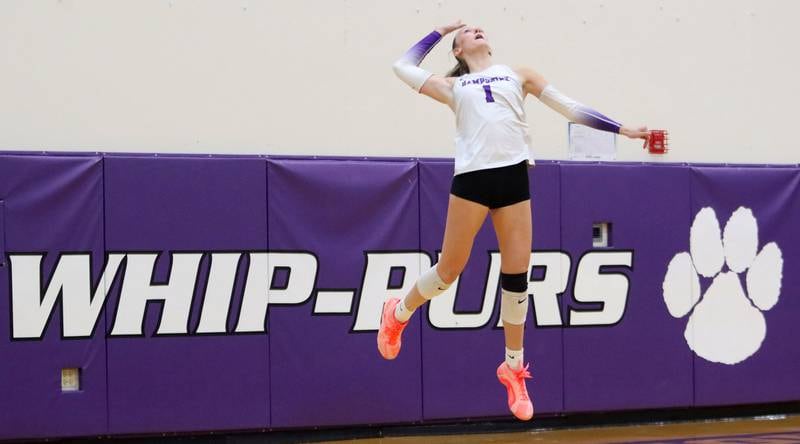 Hampshire’s Elizabeth King serves against Libertyville in an IHSA volleyball Class 4A Sectional Championship at Hampshire High School in Hampshire on Thursday, November 6, 2025.