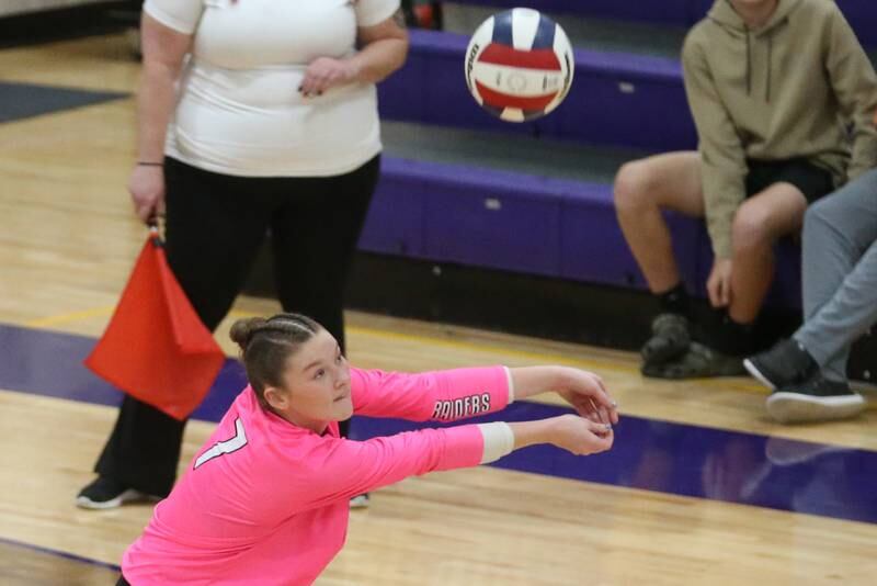 Earlville's Bailey Miler returns a serve from Parkview Christian during the Class 1A Regional semifinal game on Monday, Oct. 28, 2024 at Serena High School.