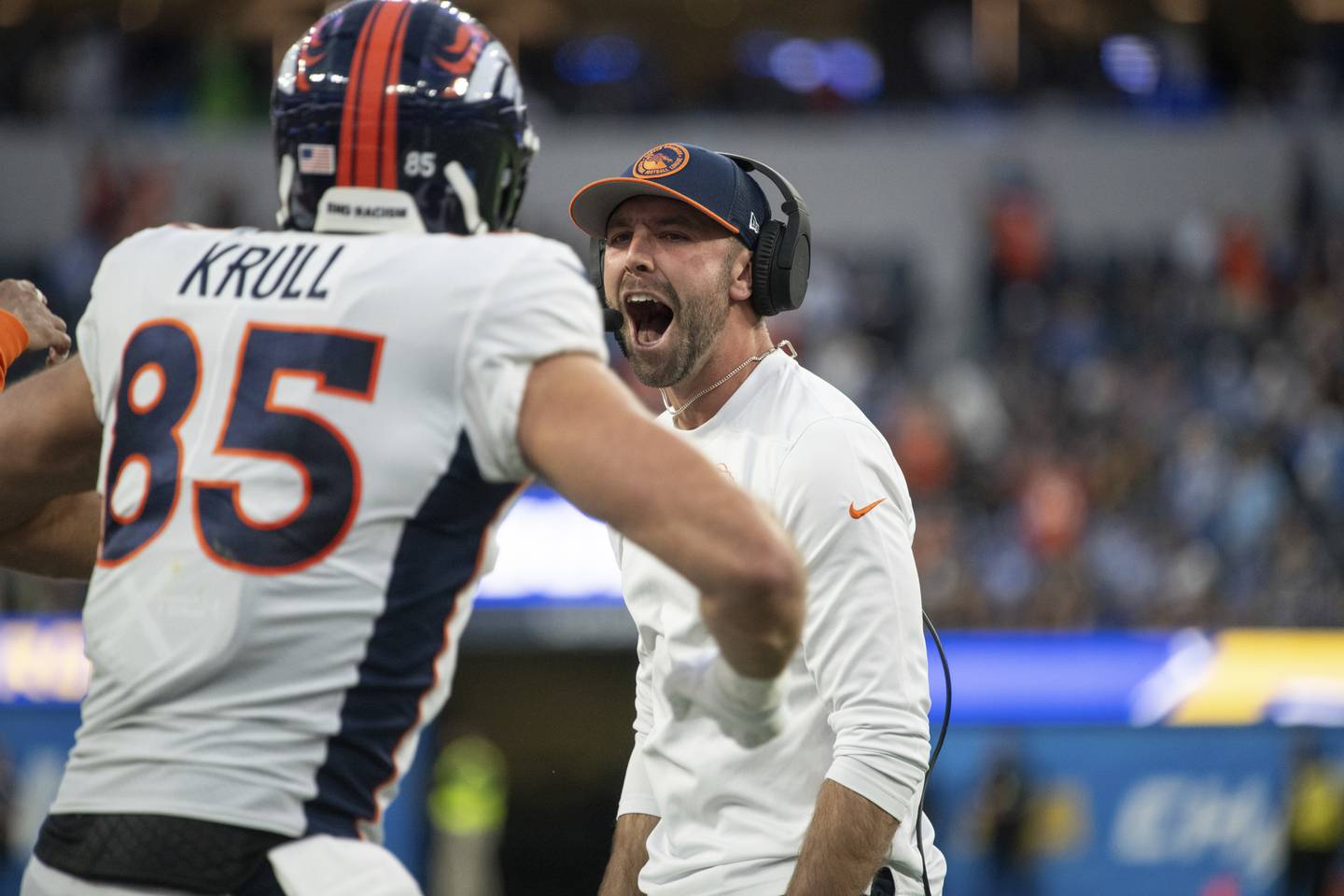 Denver Broncos tight ends coach Declan Doyle reacts during an NFL football game against the Los Angeles Chargers, Sunday, Dec. 10, 2023, in Inglewood, Calif. (AP Photo/Kyusung Gong)
