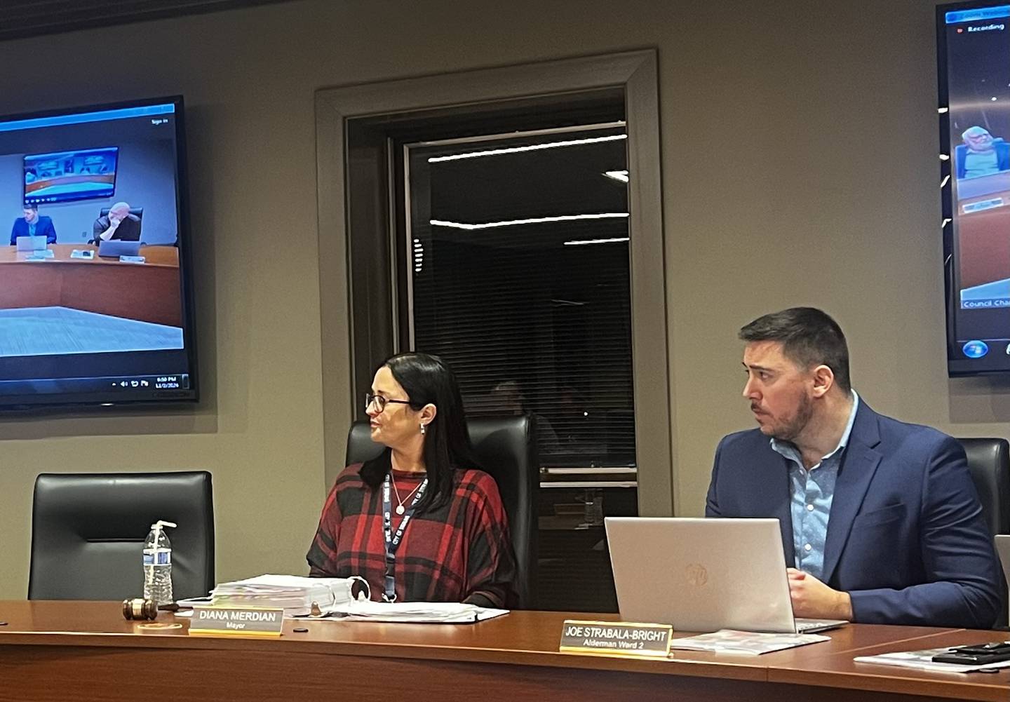 Left to right: Mayor Diana Merdian and Alderman Joe Strabala-Bright at a Sterling City Council meeting on Monday, Dec. 2.