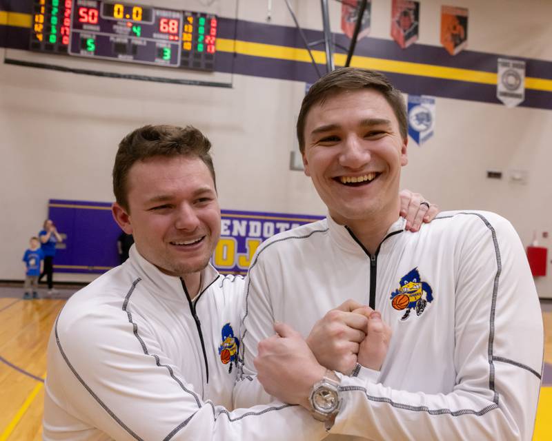 Assistant Coaches Josh Hauser (left) and Mason Sobiesk (right) celebrate winning the IHSA 2A Sectional Championship game on March 6, 2026 at Mendota High School.
