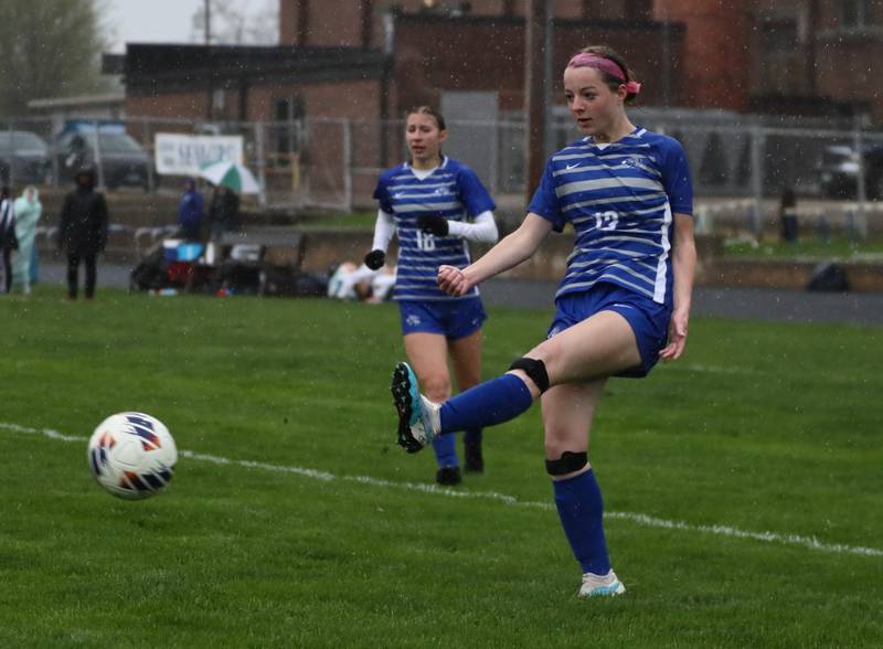 Princeton's Bella Clevenger winds up for a kick against Sterling Thursday at Bryant Field. The Tigresses won 3-1.