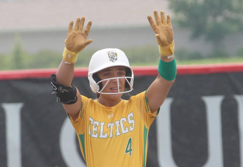 Providence Catholic's Angelina Cole reacts after reaching second base against Chatham during the Class 3A State finals game on Saturday, June 14, 2025 at the Louisville Slugger Sports Complex in Peoria.