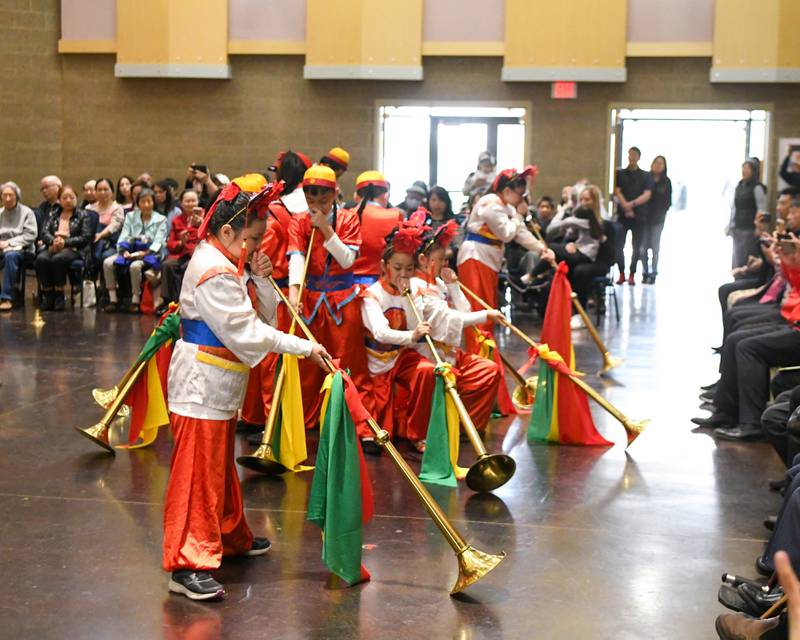 The Jhong Jheng Elementary School Suona and Drum Ensemble from Kinmen, Taiwan preform at the on Saturday April 19, 2025, at the Taiwanese American Chamber of Commerce building in Westmont.