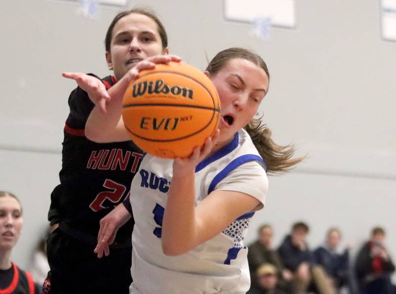 Burlington Central’s Audrey LaFleur, front, snags a rebound ahead of Huntley’s Alyssa Borzych in varsity girls basketball on Monday, Feb. 9, 2026, at Central High School in Burlington.