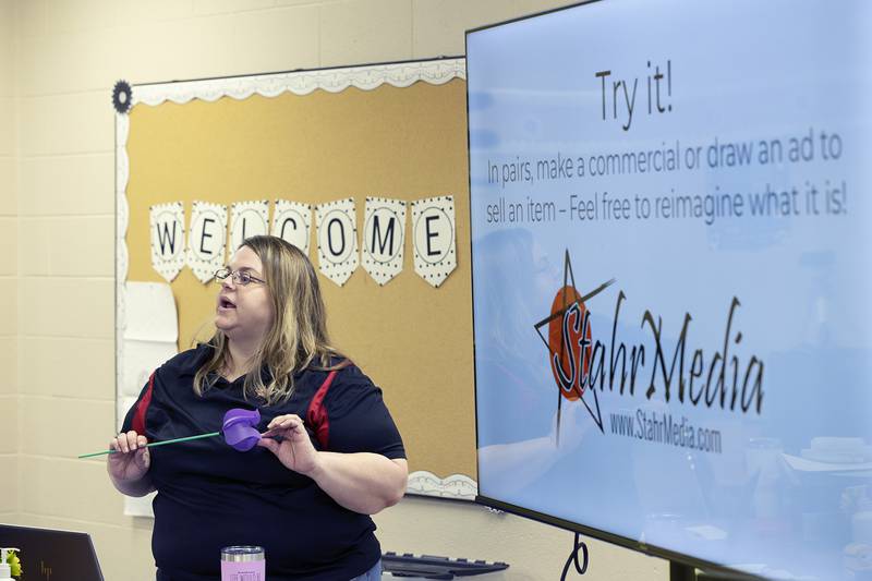 Janel Stahr, owner/operator of Stahr Media, gives students at St. Mary’s School in Sterling an activity Monday, Jan. 29, 2024 during Catholic Schools Week.