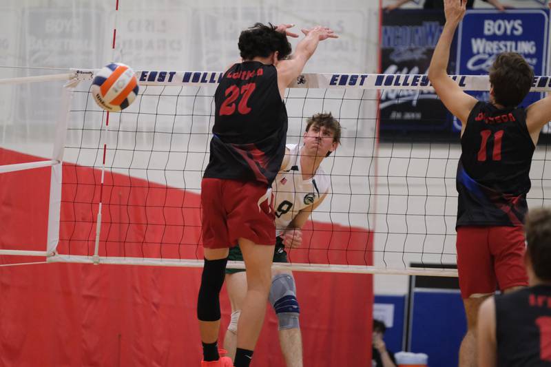Glenbard West’s Gavin Swartz power a shot against Roncalli (IN) in the Lincoln-Way East Tournament title match. Saturday, April 30, 2022, in Frankfort.
