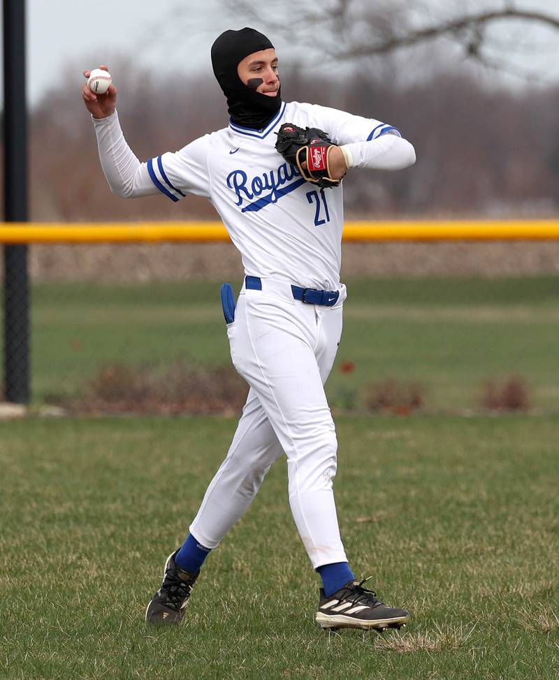 Hinckley-Big Rock’s Sawyer Smith gets the ball back into the infield during their game against Polo Thursday, April 3, 2025, at Hinckley-Big Rock High School.