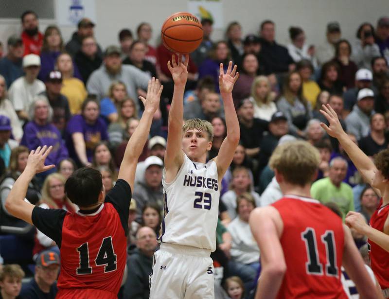 Serena's Tanner Faivre shoots a jump shot over Earlville's Oliver Munoz and teammate Adam Waite during the Little Ten Conference Championship on Friday, Feb. 2, 2024 at Somonauk High School.