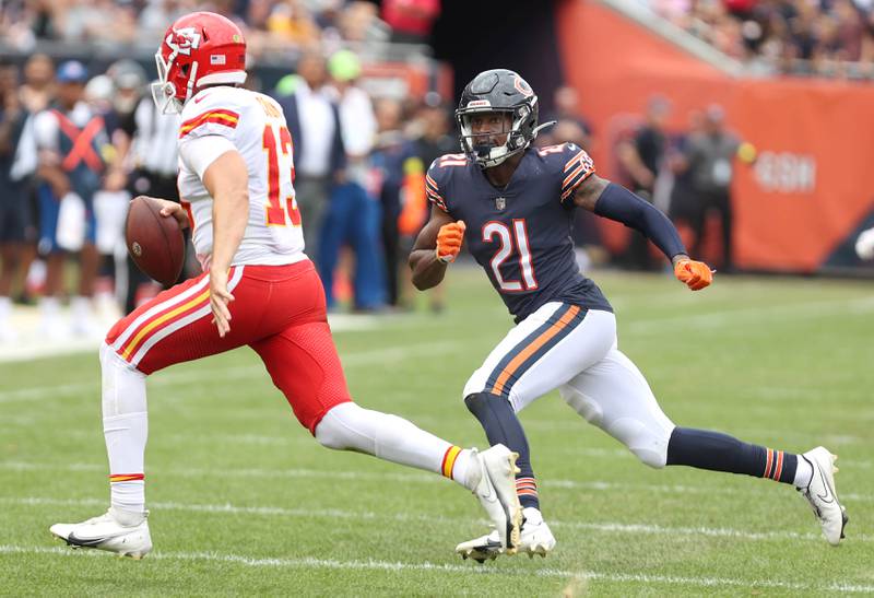 Chicago Bears safety A.J. Thomas pursues Kansas City Chiefs quarterback Dustin Crum during their preseason game Sunday, Aug. 13, 2022, at Soldier Field in Chicago.