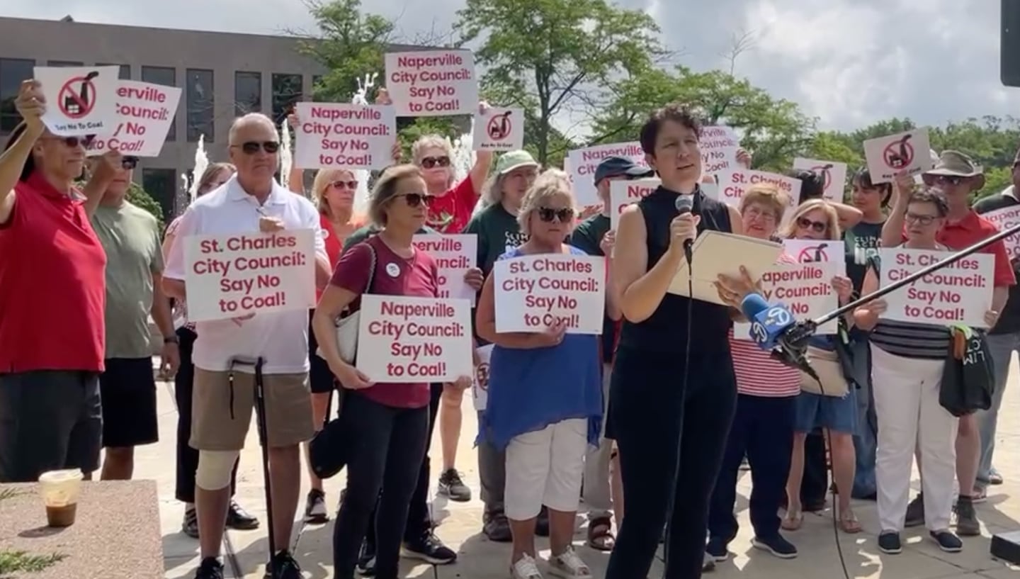 Naperville’s First Congregational Church reverend Kari Nicewander speaks against the proposed energy contracts with Illinois Municipal Electric Agency at a news conference outside the Naperville Municipal Center at 400 S. Eagle St. at 11 a.m. on Monday, July 28, 2025.
