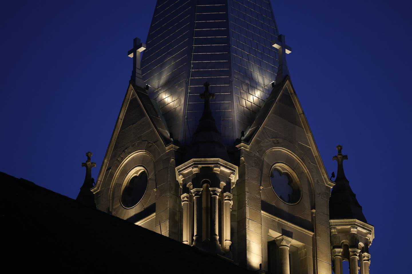 St. Joseph Catholic Church, in downtown Joliet, is illuminated with new lights on Wednesday, April 22, 2026.