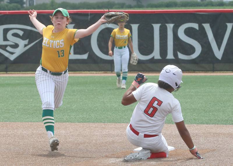 Providence Catholic's Aleigh Hill misses a tag on Chatham's Hope Gilmore at second base during the Class 3A State finals game on Saturday, June 14, 2025 at the Louisville Slugger Sports Complex in Peoria.