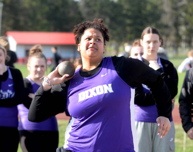 Dixon's Payton Cox throws the shot during a quad meet at Oregon High School on Thursday, April 3, 2025. She finished second in the event.