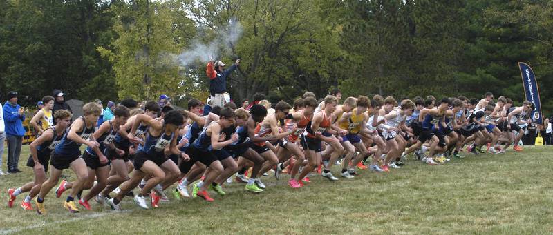 The starter fires his pistol and the boys race is on. Sterling hosted their Cross Country final at Hoover Park on Saturday, October 25, 2025.