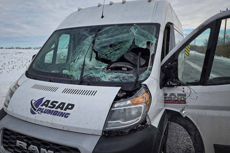 A windshield was damaged and a driver hospitalized after snow or ice fell onto the vehicle near Marengo Dec. 5, 2025.