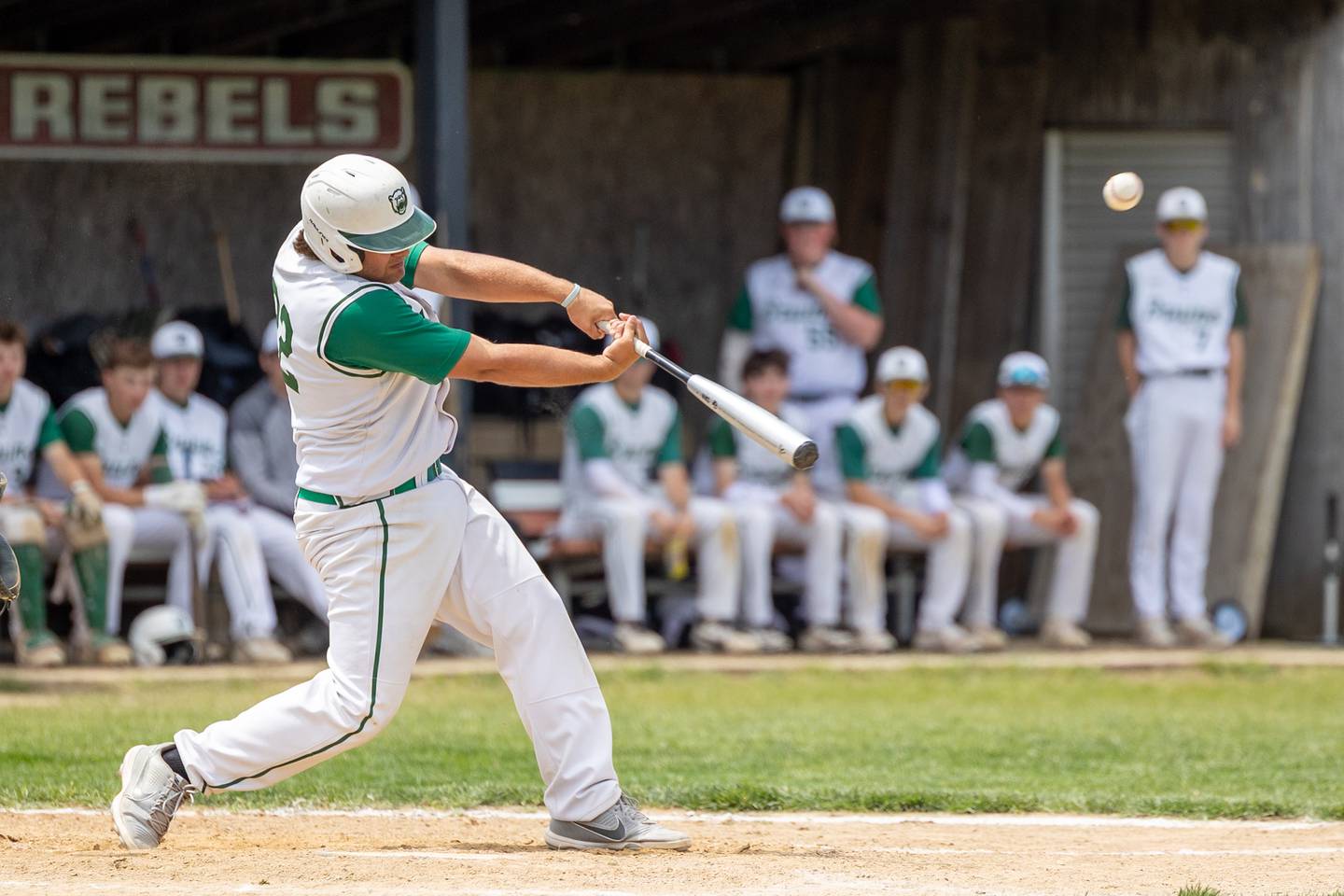 (22) Alan Spencer of St. Bede hits double on Saturday, May 24, 2025 at Stark County High School in Toulon.