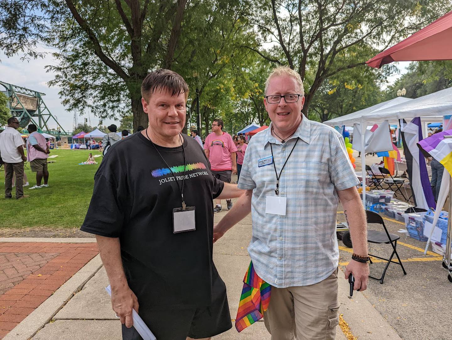 Jeff Gregory, president of the Joliet Pride Network, poses for a photo with Michael Smith, vice president of the Joliet Pride Network. The Joliet Pride Network held its third Joliet PrideFest event on Saturday, Sept. 17, 2022, at the Billie Limacher Bicentennial Park and Theatre in Joliet. The family friendly event included an all-age drag show, live music, food, and activities for children and teens.