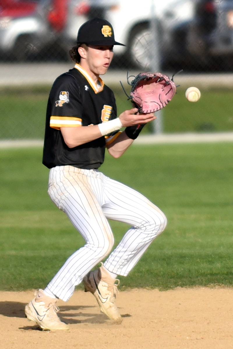 Reed-Custer's Joe Bembenek fields a ground ball during a game at Manteno Monday, April 14, 2025.