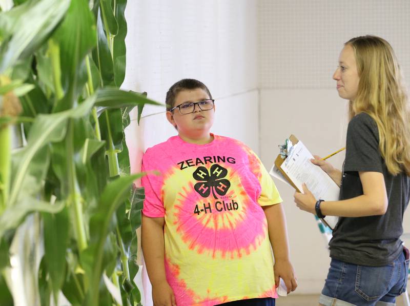Colton Nicoli of Hennepin, has his corn stalk judged by Katie Smith during the Bureau County 4-H Fair on Thursday, July 13, 2023 in Princeton.