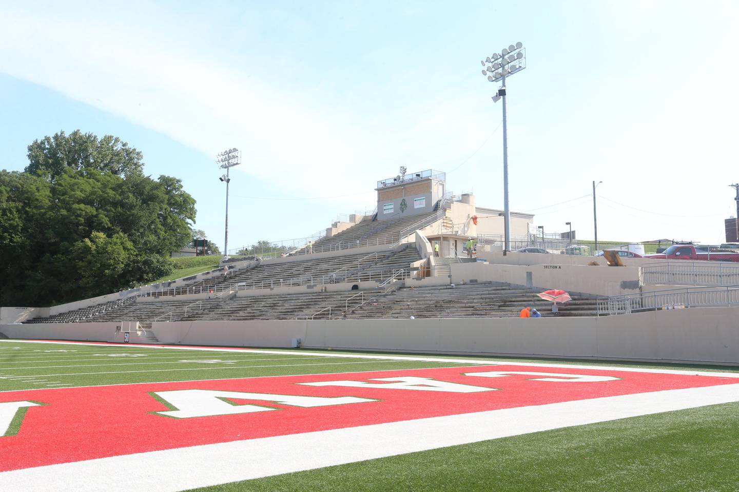 Crews work on replacing concrete masonry in Howard Fellows Stadium on Tuesday, July 16, 2024 at La Salle-Peru Township High School. The project includes improvements to the walls, bathrooms, press box windows and signage. The last time the school renovated the concrete portion was in the mid-1990's. The stadium will be ready for the football season.