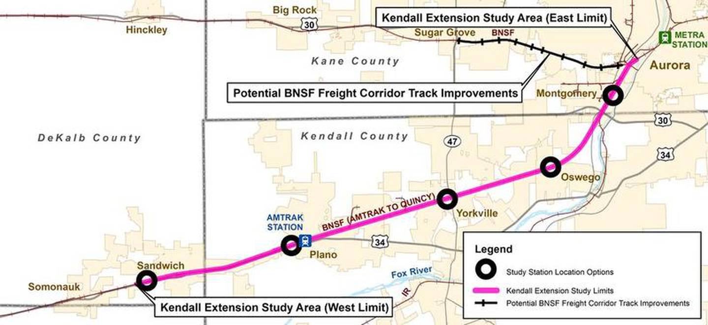 The map above shows potential locations for Metra stations along the Burlington Northern-Santa Fe Railway's main line tracks extending from Aurora into Kendall County and Sandwich.