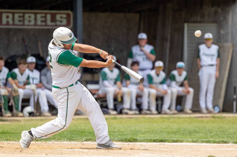 (22) Alan Spencer of St. Bede hits double on Saturday, May 24, 2025 at Stark County High School in Toulon.