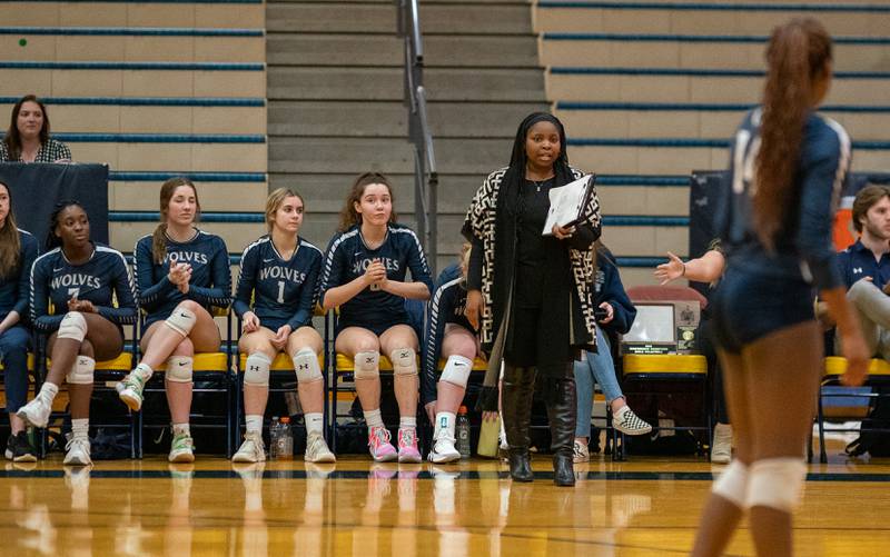 Oswego East's head coach Dina Beamon during the Neuqua Valley 4A regional final volleyball match at Neuqua Valley High School in Naperville on Thursday, Oct 27, 2022.